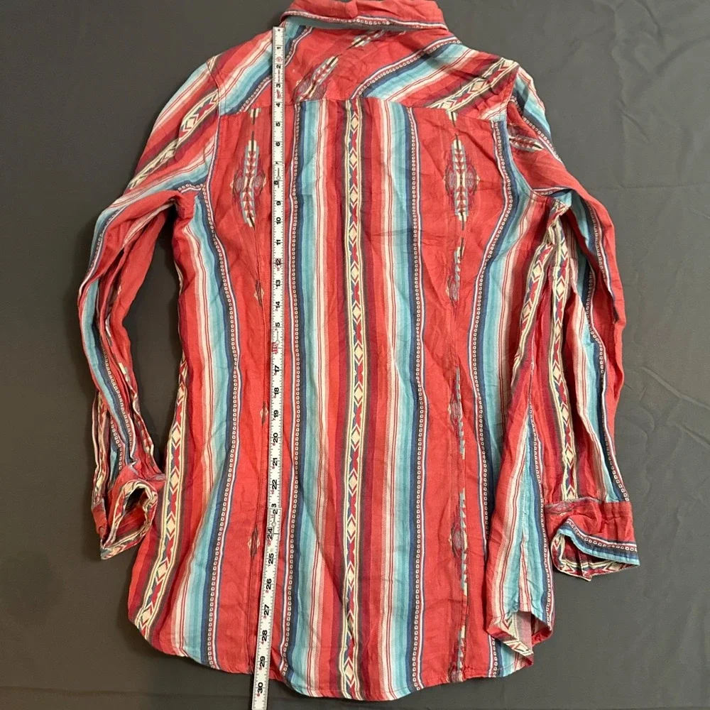 Crazy Train Shirt Mens Large Red Multi Color Western Aztec Pearl Snaps Cowboy